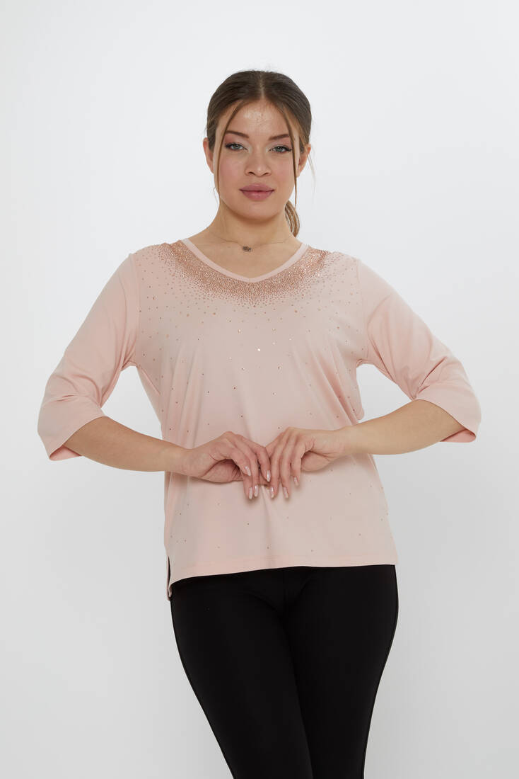 Kazee - Kadın Bluz Kısa Kollu Pudra - 80034 | KAZEE