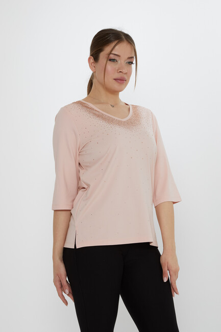 Kadın Bluz Kısa Kollu Pudra - 80034 | KAZEE - Thumbnail
