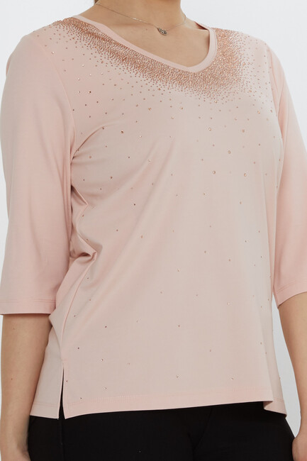 Kadın Bluz Kısa Kollu Pudra - 80034 | KAZEE - Thumbnail