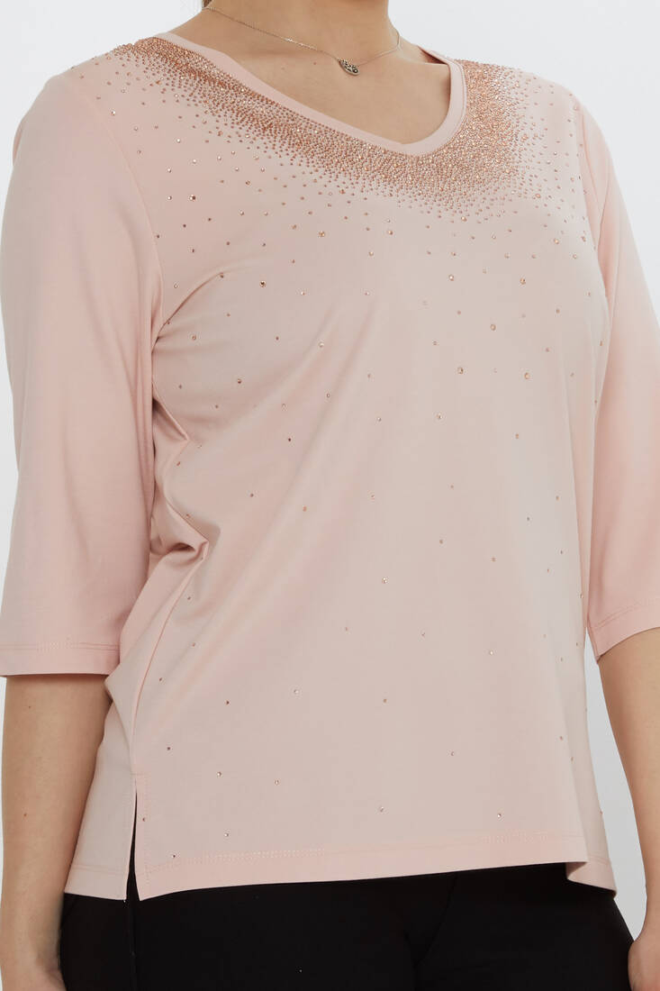 Kadın Bluz Kısa Kollu Pudra - 80034 | KAZEE