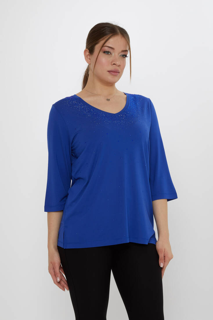 Kadın Bluz Kısa Kollu Saks - 80034 | KAZEE