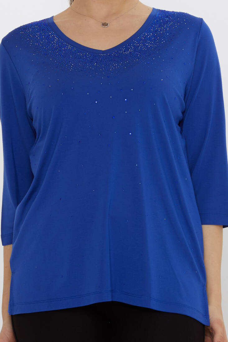 Kadın Bluz Kısa Kollu Saks - 80034 | KAZEE