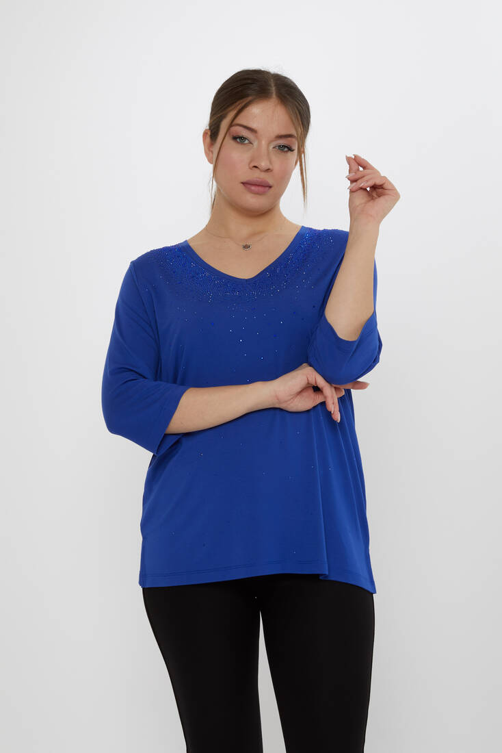 Kadın Bluz Kısa Kollu Saks - 80034 | KAZEE