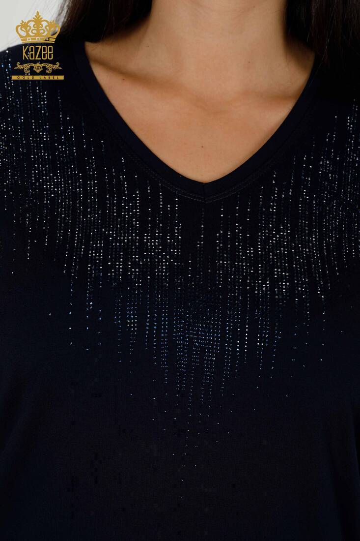 Kadın Bluz Kristal Taş İşlemeli Lacivert - 77938 | KAZEE Kadın Bluz Kristal Taş İşlemeli Lacivert - 77938 | KAZEE