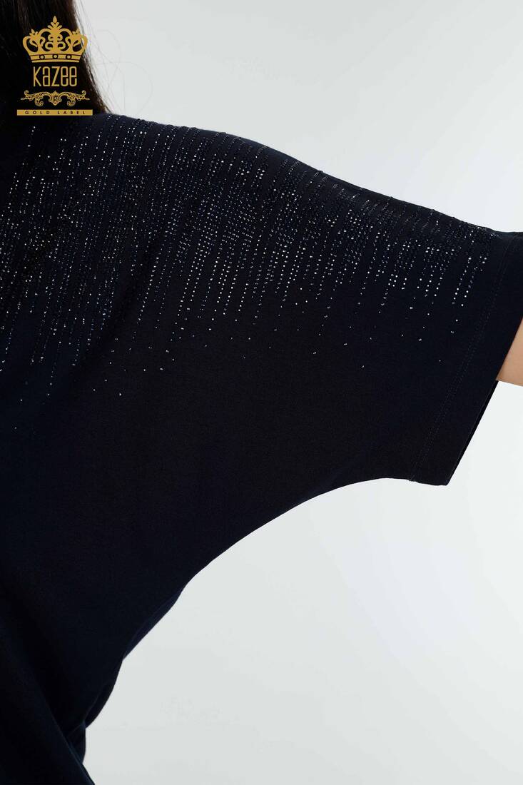 Kadın Bluz Kristal Taş İşlemeli Lacivert - 77938 | KAZEE Kadın Bluz Kristal Taş İşlemeli Lacivert - 77938 | KAZEE