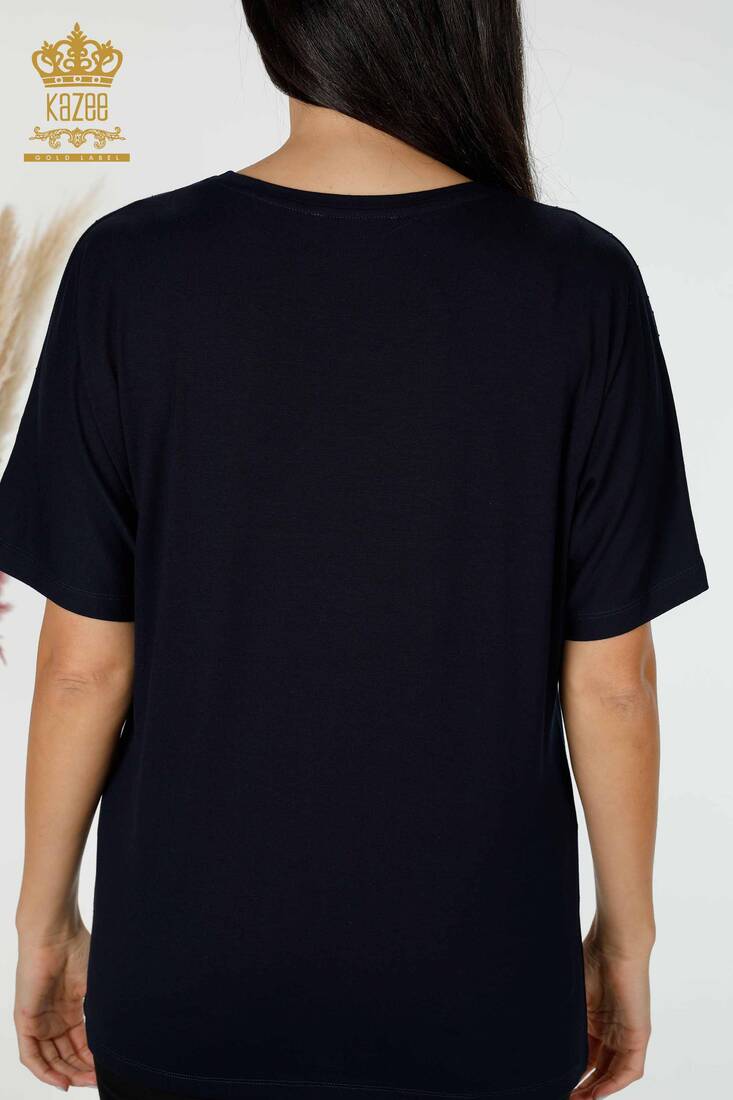 Kadın Bluz Kristal Taş İşlemeli Lacivert - 77938 | KAZEE Kadın Bluz Kristal Taş İşlemeli Lacivert - 77938 | KAZEE