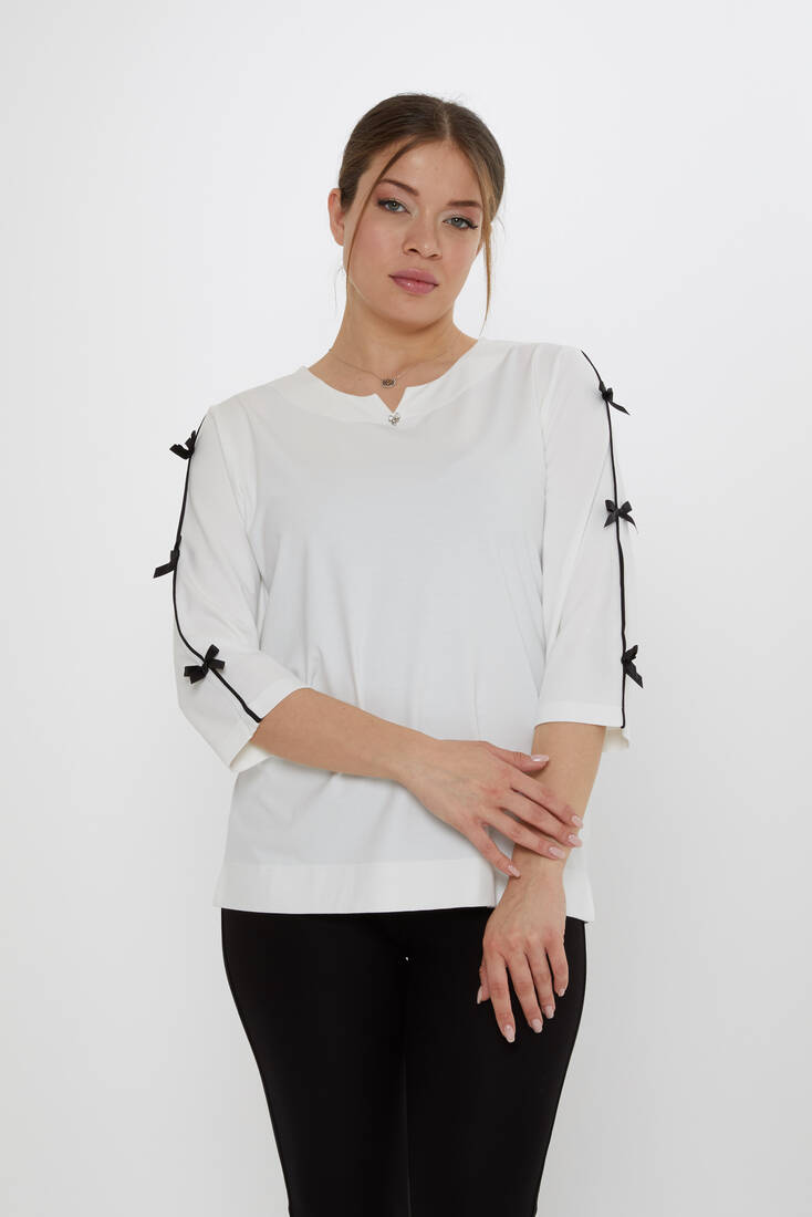 Kadın Bluz Kurdele Detaylı Ekru - 80051 | KAZEE