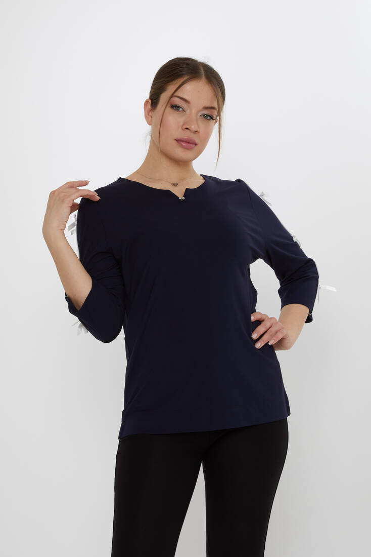 Kadın Bluz Kurdele Detaylı Lacivert - 80051 | KAZEE