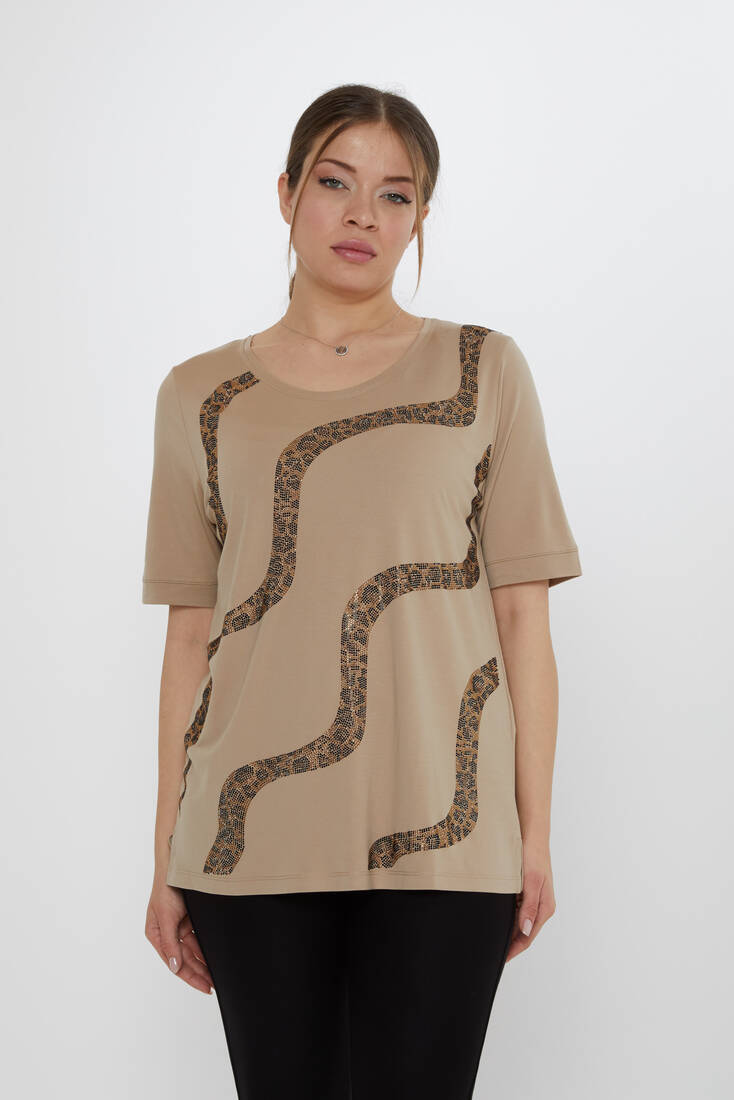Kadın Bluz Leopar Taş Detaylı Bej - 80047 | KAZEE