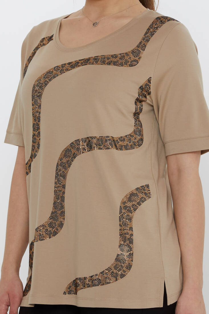 Kadın Bluz Leopar Taş Detaylı Bej - 80047 | KAZEE