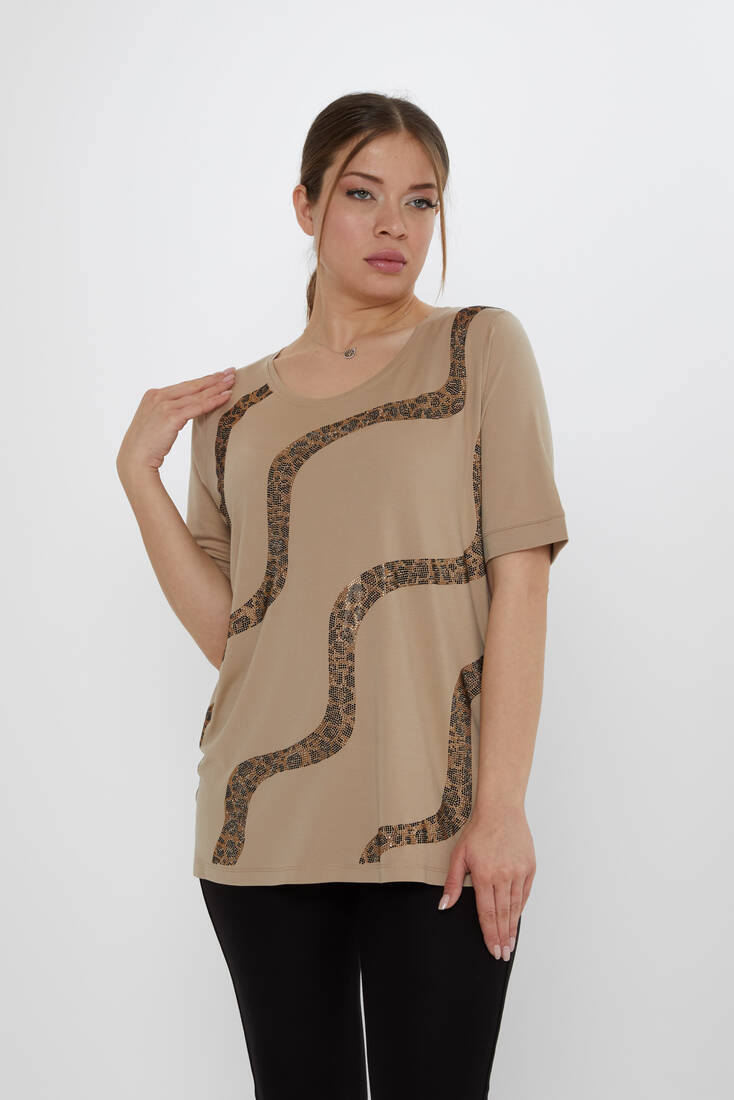 Kadın Bluz Leopar Taş Detaylı Bej - 80047 | KAZEE
