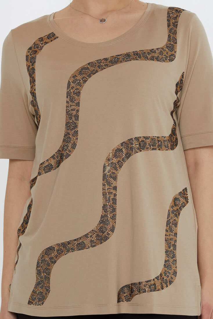 Kadın Bluz Leopar Taş Detaylı Bej - 80047 | KAZEE