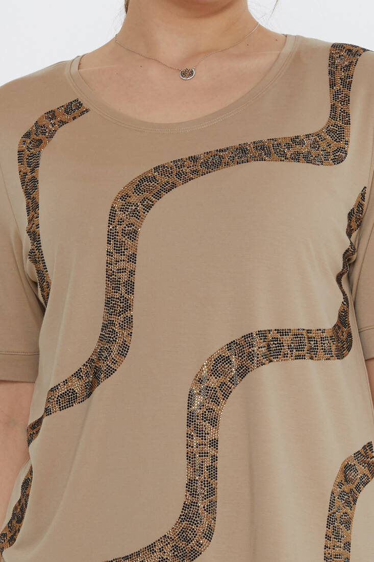 Kadın Bluz Leopar Taş Detaylı Bej - 80047 | KAZEE