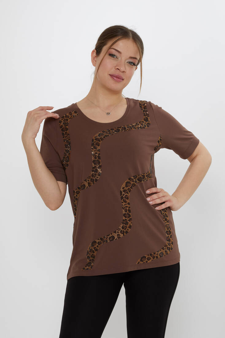 Kadın Bluz Leopar Taş Detaylı Kahve - 80047 | KAZEE