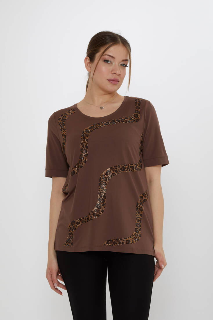Kadın Bluz Leopar Taş Detaylı Kahve - 80047 | KAZEE