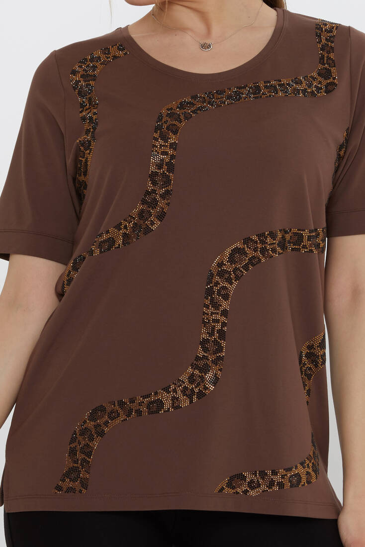 Kadın Bluz Leopar Taş Detaylı Kahve - 80047 | KAZEE