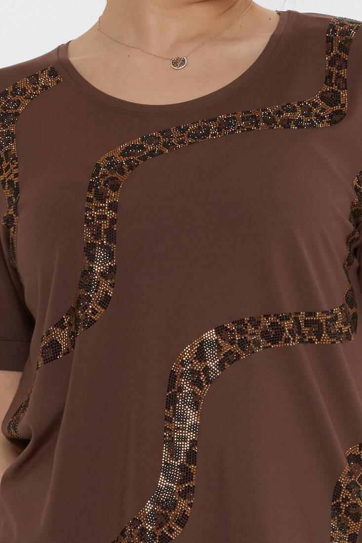 Kadın Bluz Leopar Taş Detaylı Kahve - 80047 | KAZEE