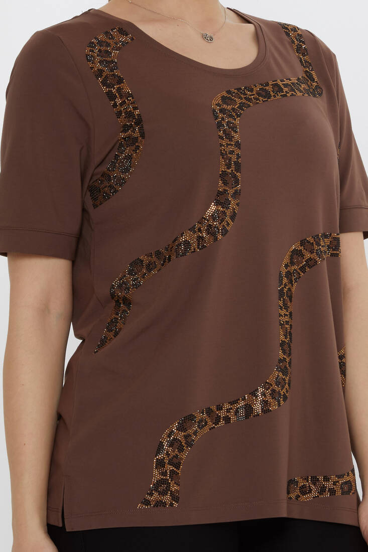 Kadın Bluz Leopar Taş Detaylı Kahve - 80047 | KAZEE