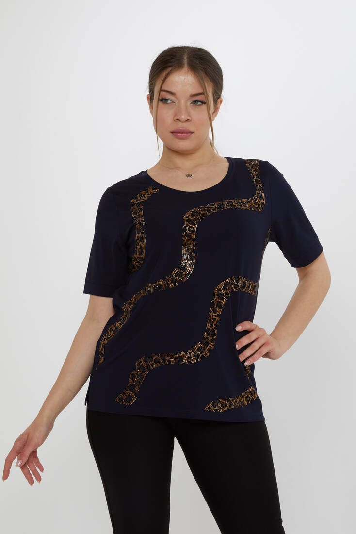Kadın Bluz Leopar Taş Detaylı Lacivert - 80047 | KAZEE