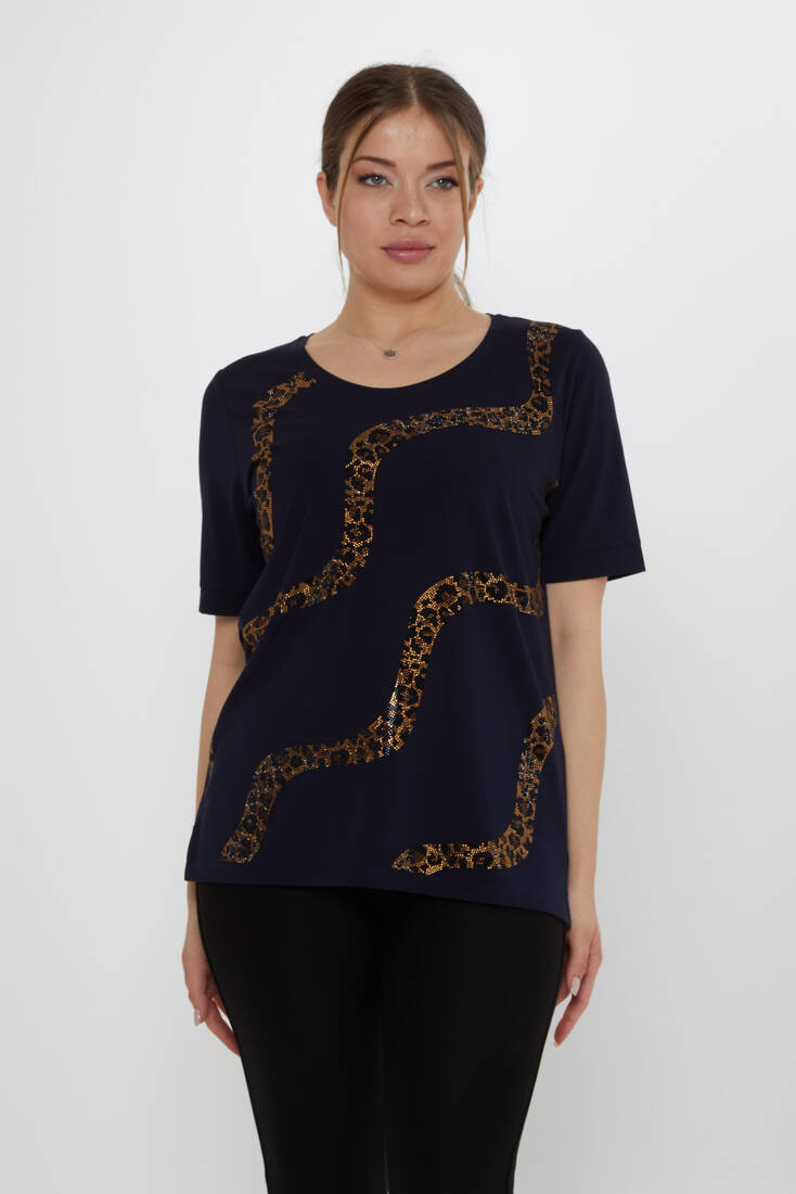 Kadın Bluz Leopar Taş Detaylı Lacivert - 80047 | KAZEE