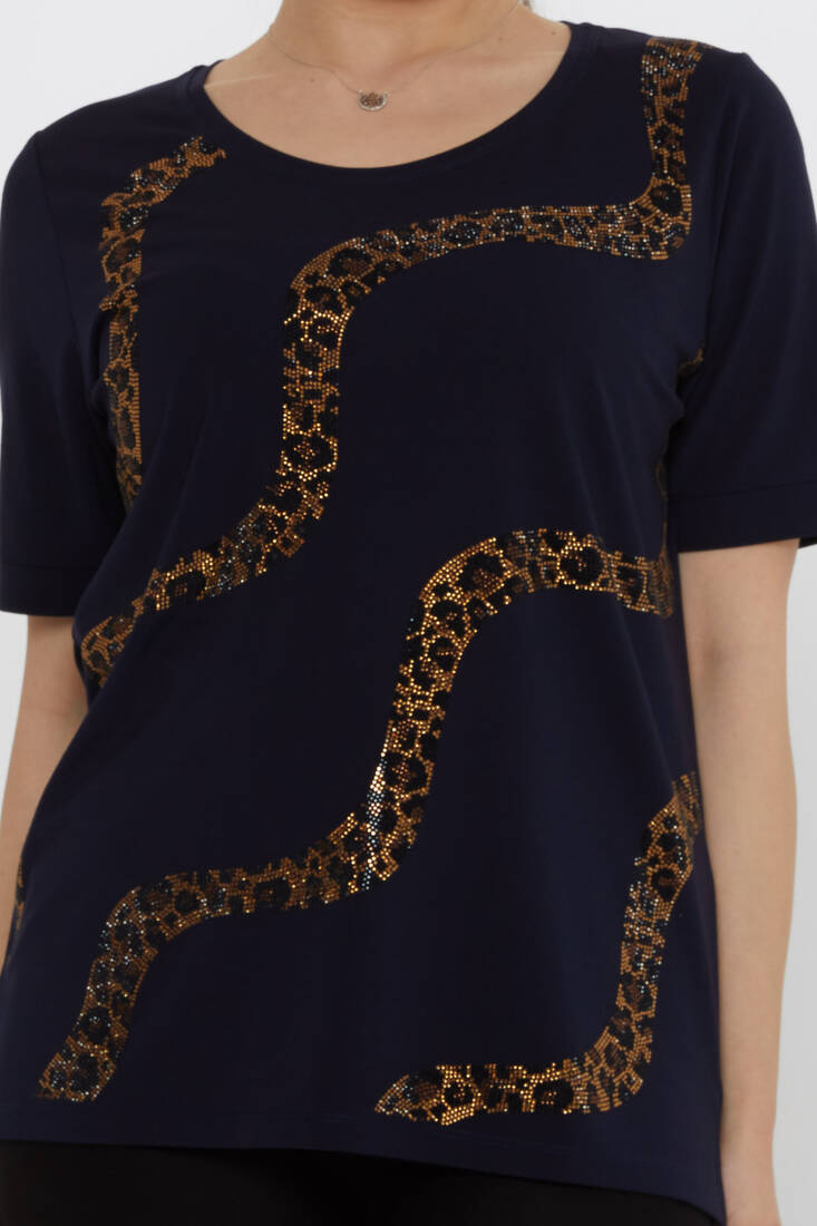 Kadın Bluz Leopar Taş Detaylı Lacivert - 80047 | KAZEE