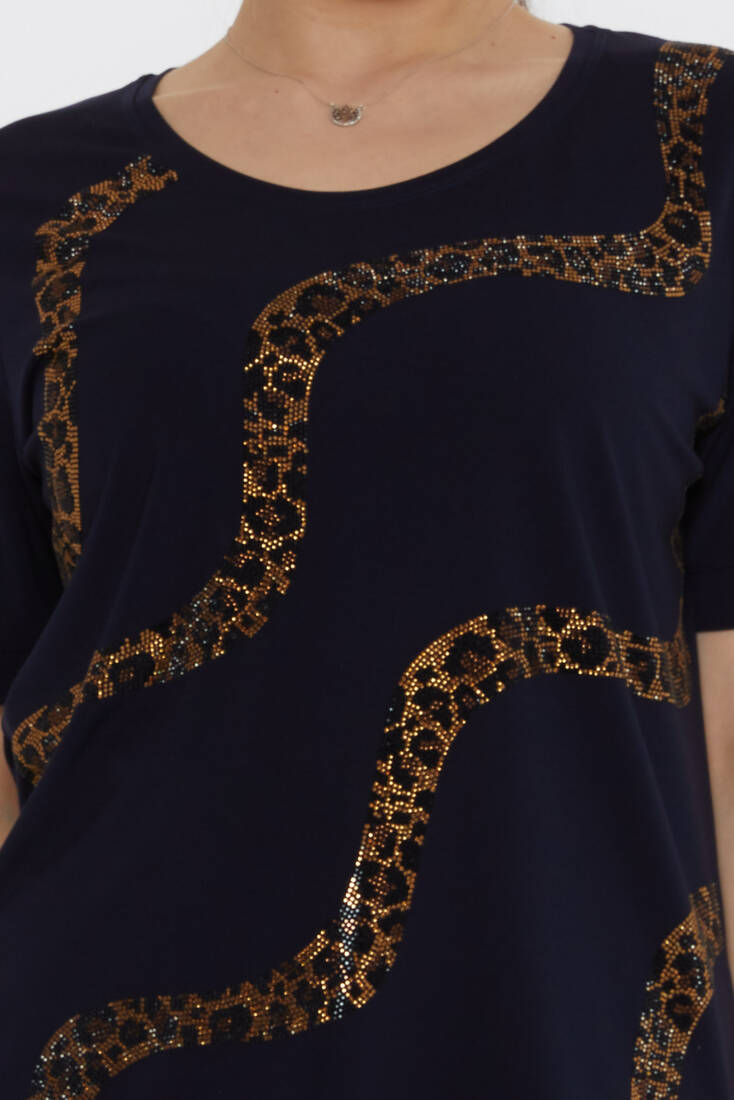 Kadın Bluz Leopar Taş Detaylı Lacivert - 80047 | KAZEE