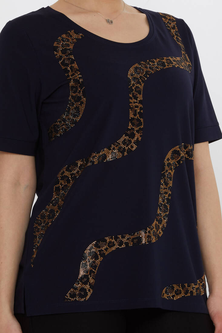 Kadın Bluz Leopar Taş Detaylı Lacivert - 80047 | KAZEE