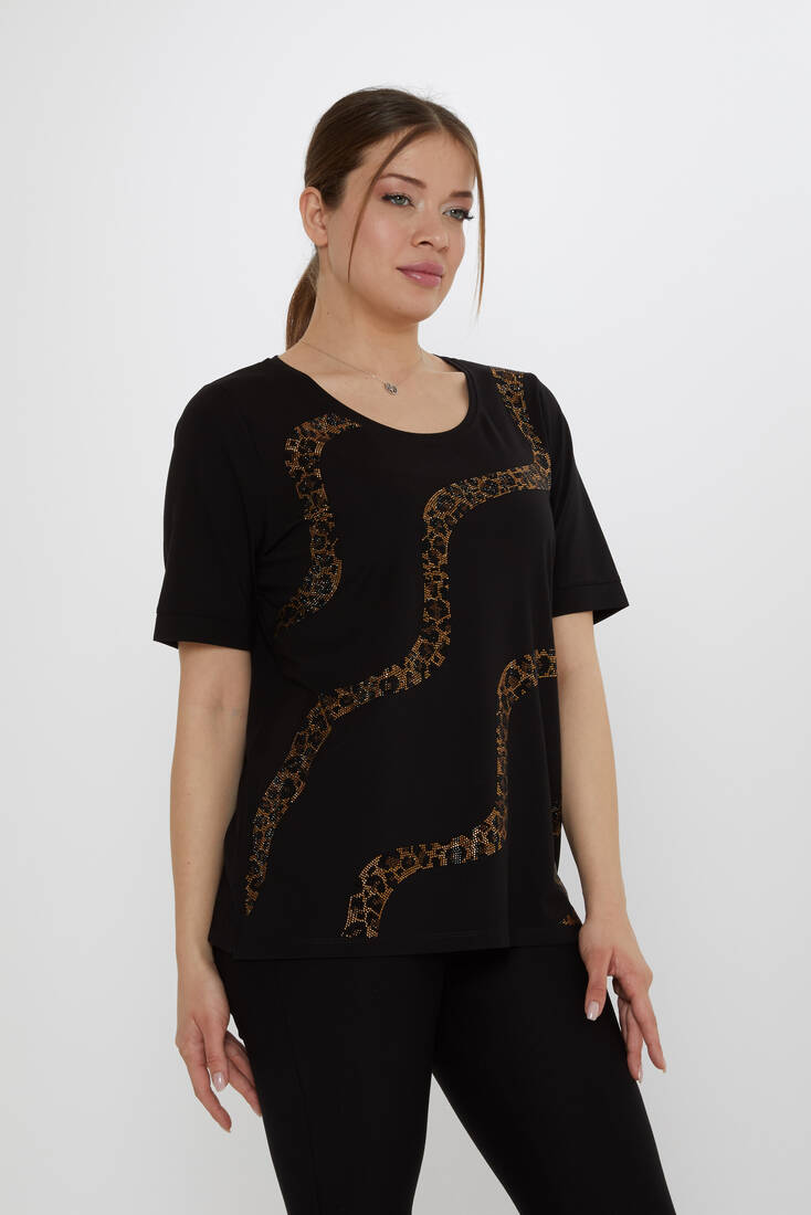 Kadın Bluz Leopar Taş Detaylı Siyah - 80047 | KAZEE