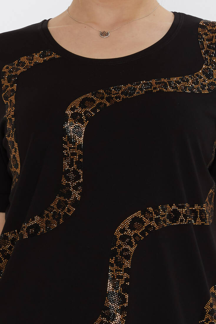 Kadın Bluz Leopar Taş Detaylı Siyah - 80047 | KAZEE