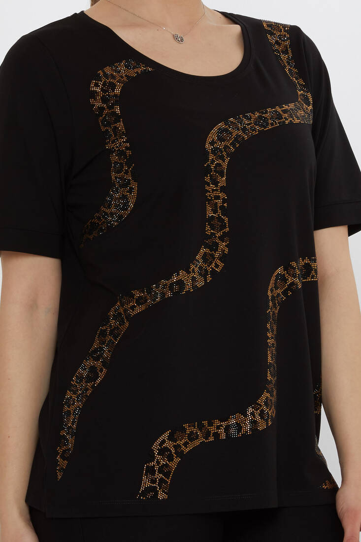 Kadın Bluz Leopar Taş Detaylı Siyah - 80047 | KAZEE