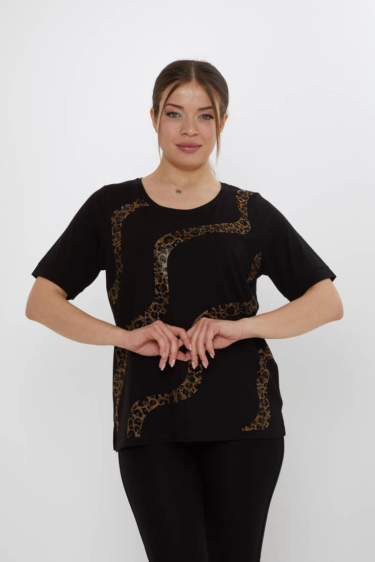Kadın Bluz Leopar Taş Detaylı Siyah - 80047 | KAZEE