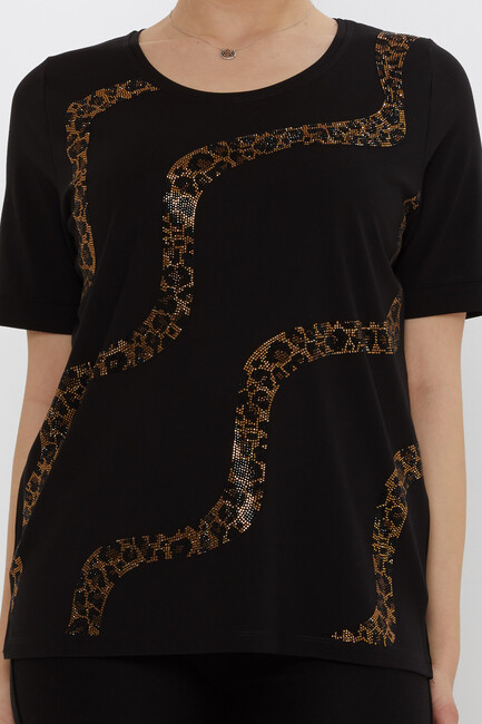 Kadın Bluz Leopar Taş Detaylı Siyah - 80047 | KAZEE - Thumbnail