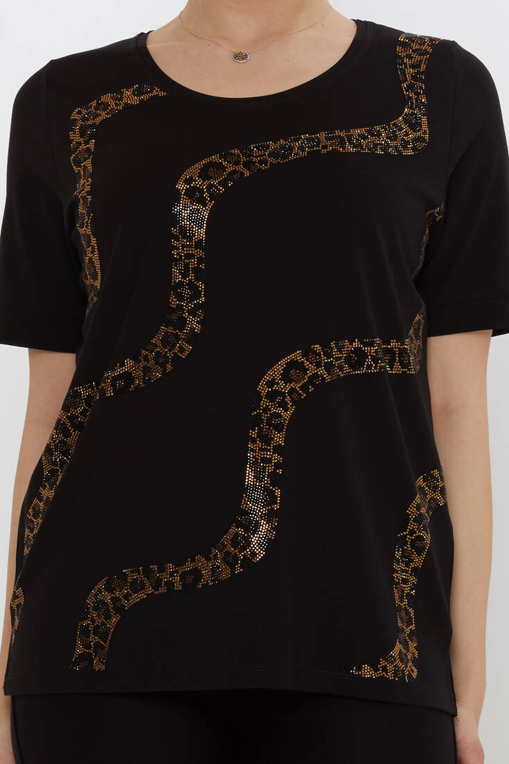 Kadın Bluz Leopar Taş Detaylı Siyah - 80047 | KAZEE