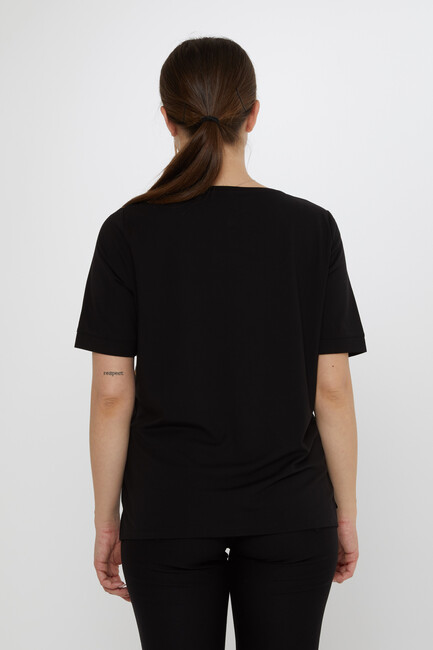 Kadın Bluz Leopar Taş Detaylı Siyah - 80047 | KAZEE - Thumbnail