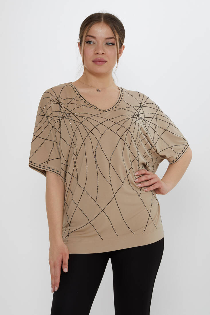 Kazee - Kadın Bluz Taş Detaylı Bej - 80001 | KAZEE