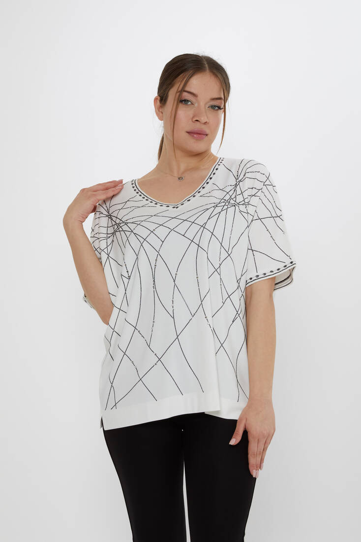 Kazee - Kadın Bluz Taş Detaylı Ekru - 80001 | KAZEE