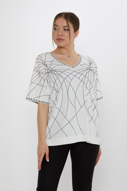 Kadın Bluz Taş Detaylı Ekru - 80001 | KAZEE - Thumbnail