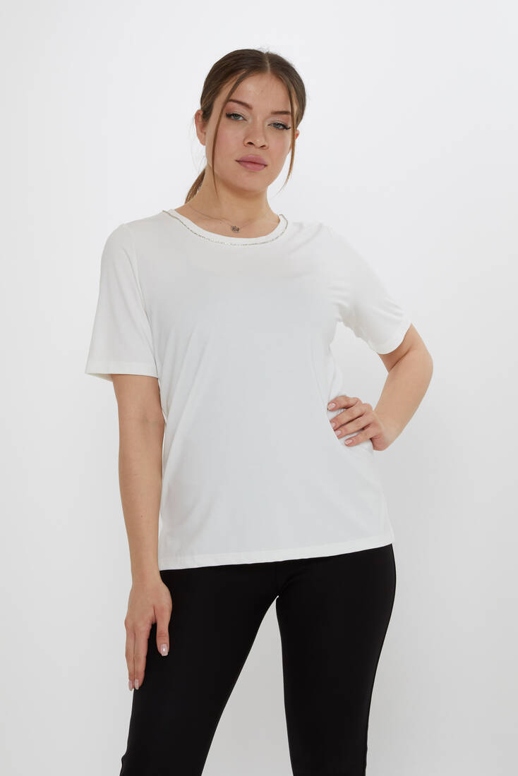 KAZEE - Kadın Bluz Taş Detaylı Ekru - 80030 | KAZEE