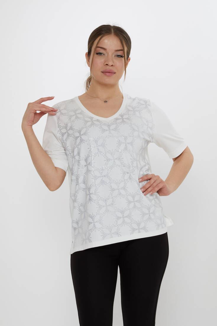 Kadın Bluz Taş Detaylı Ekru - 80044 | KAZEE