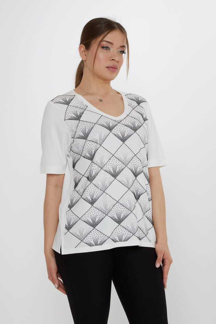 Kadın Bluz Taş Detaylı Ekru - 80086 | KAZEE