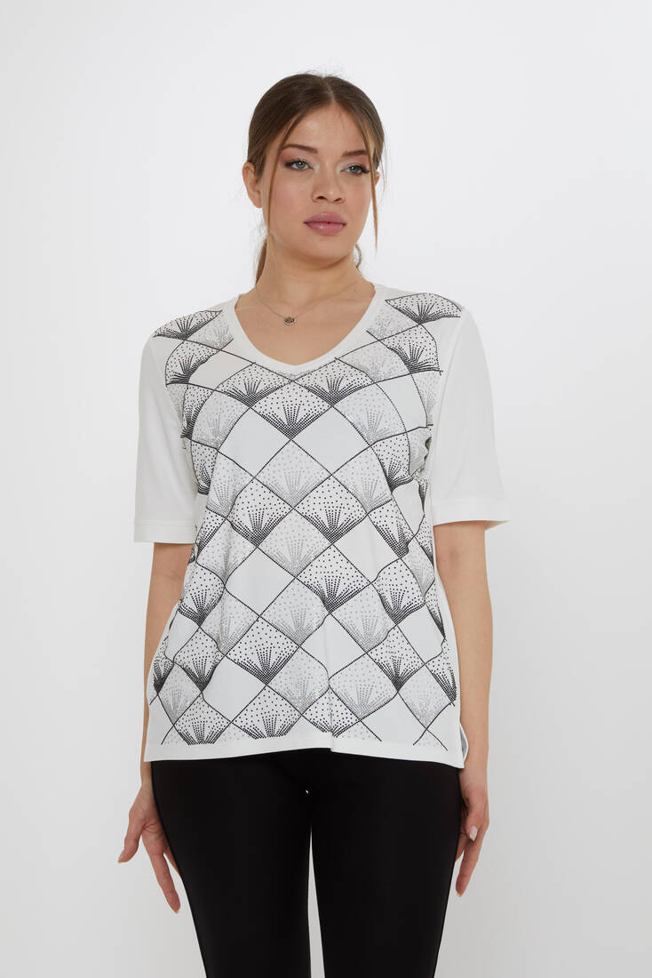 Kazee - Kadın Bluz Taş Detaylı Ekru - 80086 | KAZEE