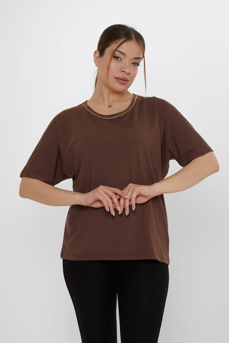 Kadın Bluz Taş Detaylı Kahve - 80031 | KAZEE