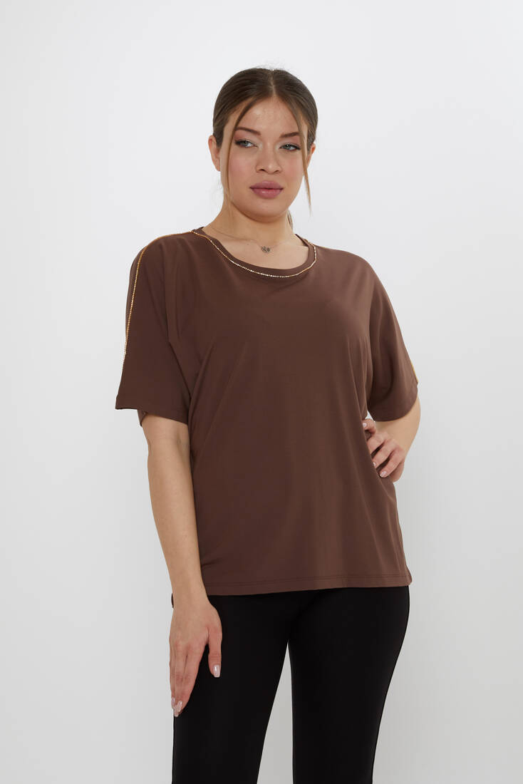 Kadın Bluz Taş Detaylı Kahve - 80031 | KAZEE