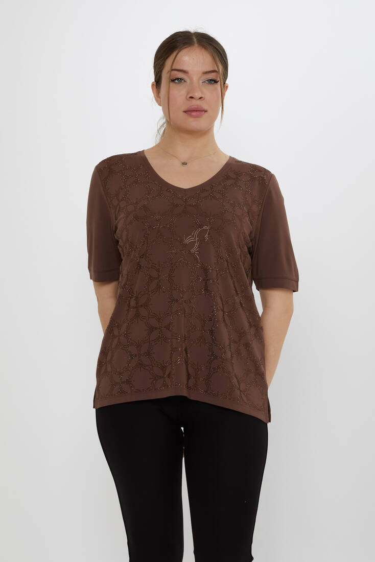 Kadın Bluz Taş Detaylı Kahve - 80044 | KAZEE