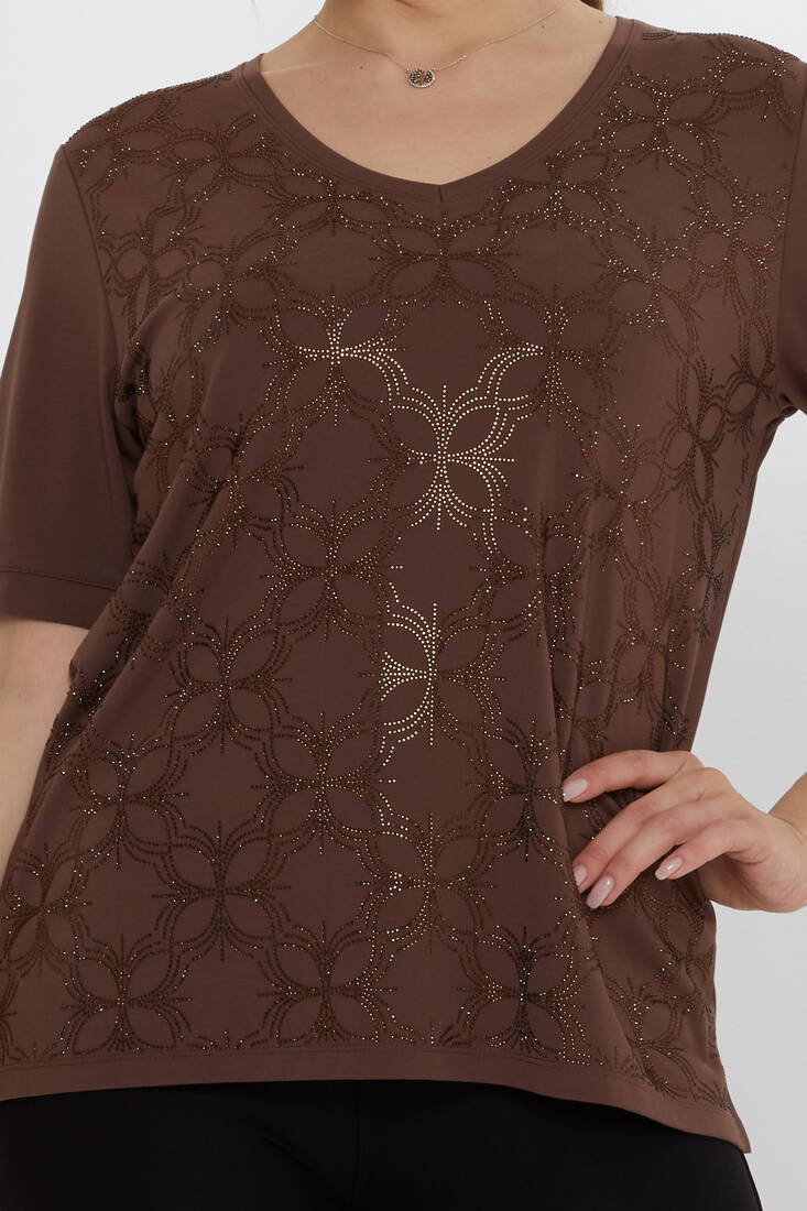 Kadın Bluz Taş Detaylı Kahve - 80044 | KAZEE