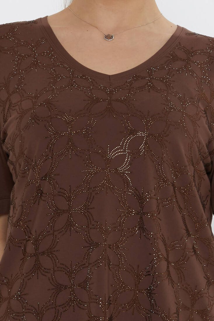 Kadın Bluz Taş Detaylı Kahve - 80044 | KAZEE