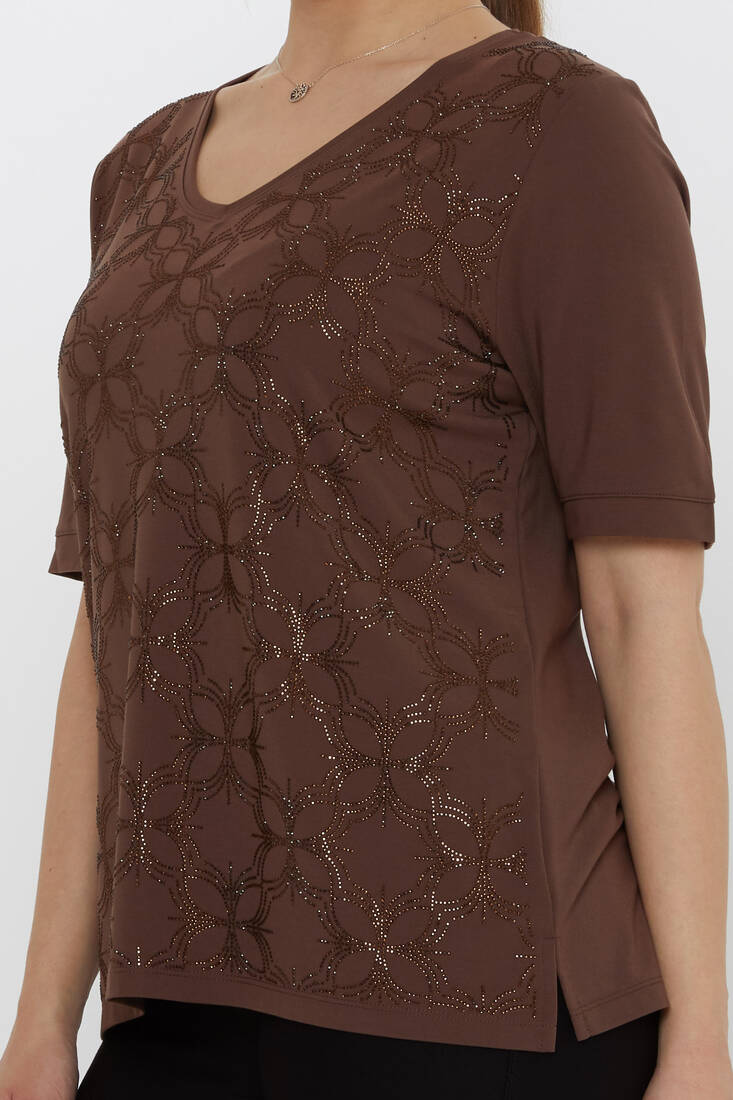 Kadın Bluz Taş Detaylı Kahve - 80044 | KAZEE