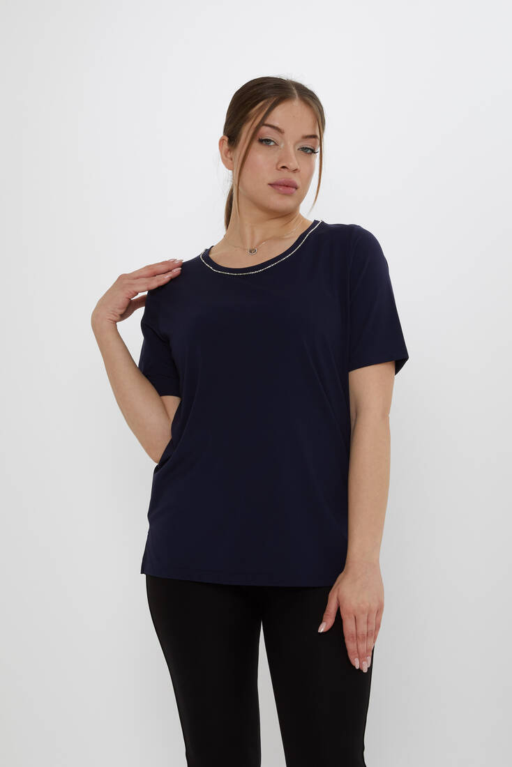 Kadın Bluz Taş Detaylı Lacivert - 80030 | KAZEE