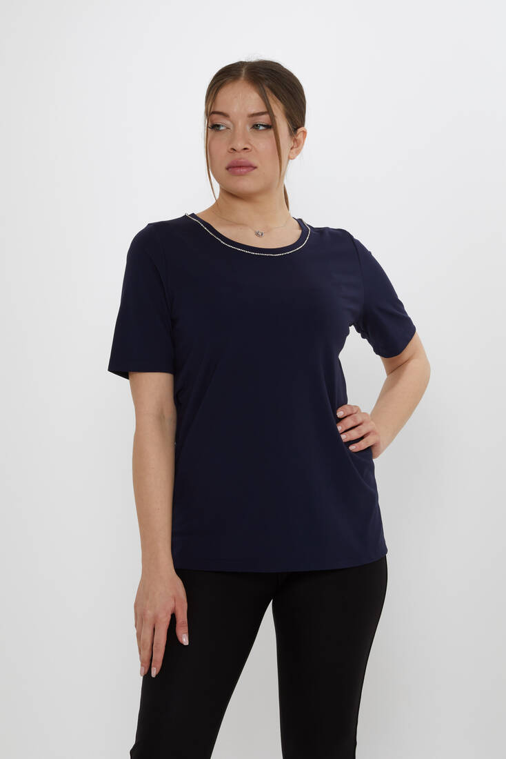 KAZEE - Kadın Bluz Taş Detaylı Lacivert - 80030 | KAZEE