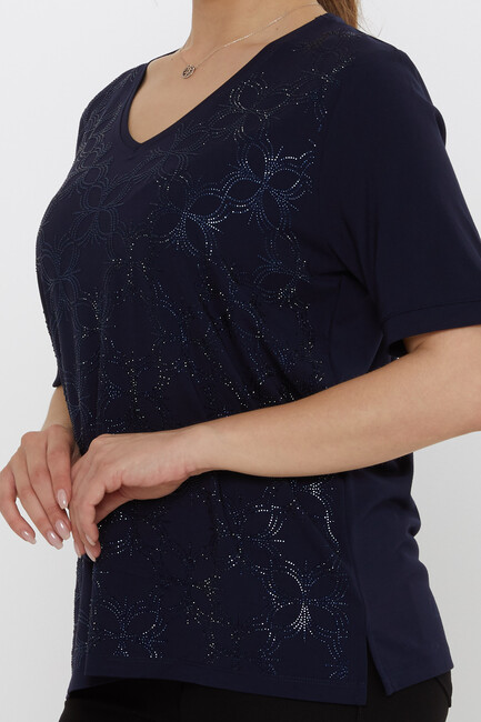Kadın Bluz Taş Detaylı Lacivert - 80044 | KAZEE - Thumbnail